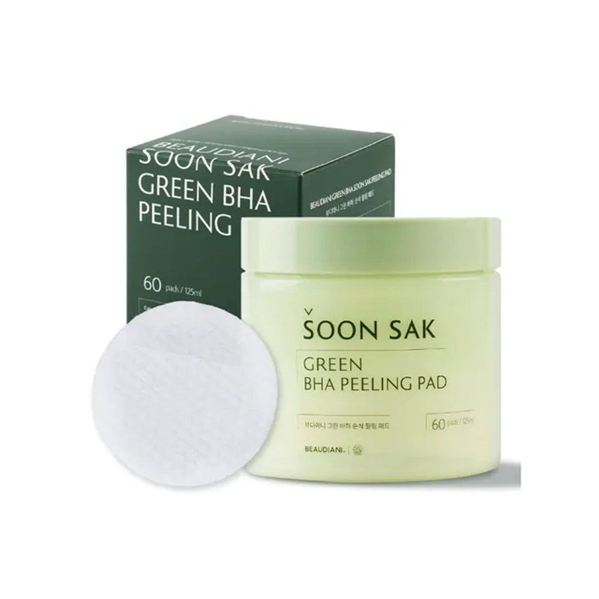 BEAUDIANI BEAUDIANI Soon Sak Green BHA Peeling Pad 60ea - hydrating - front bottle shot