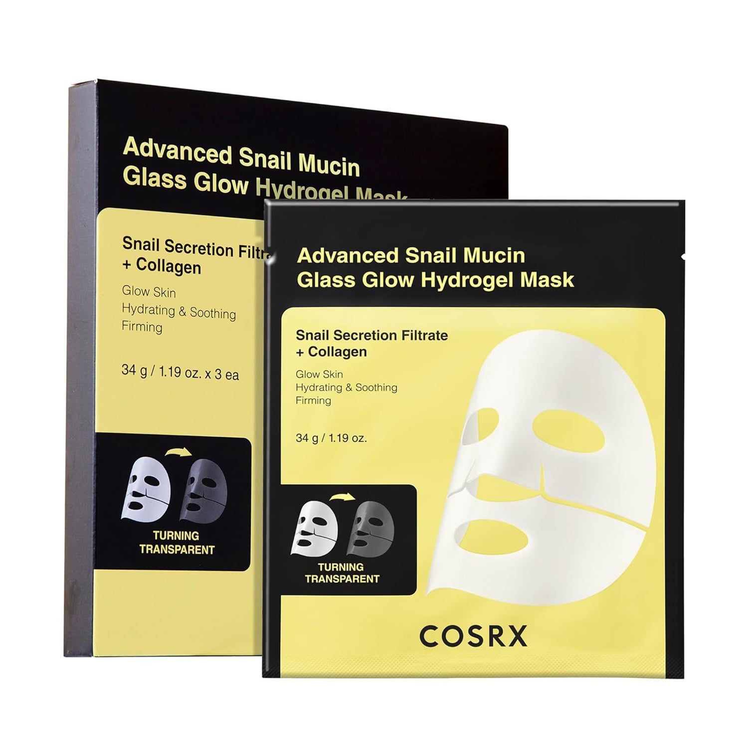 COSRX COSRX Advanced Snail Mucin Glass Glow Hydrogel Mask 34g 3ea - hydrating - front bottle shot