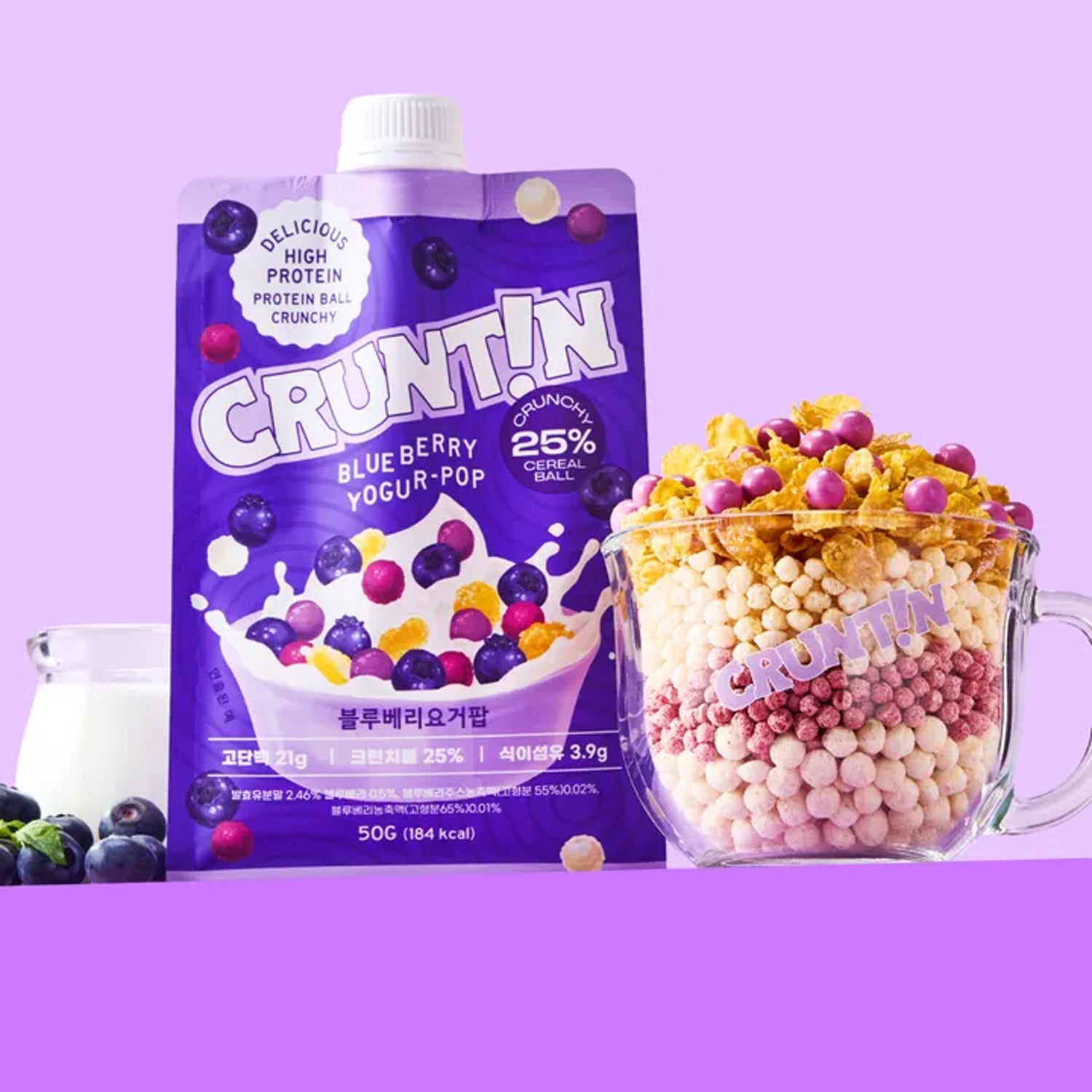 CRUNTIN CRUNTIN Crunch Ball Protein Shake Blueberry Yogur-Pop (1 Box 50g / 5 Pouches) - daily care - front bottle shot