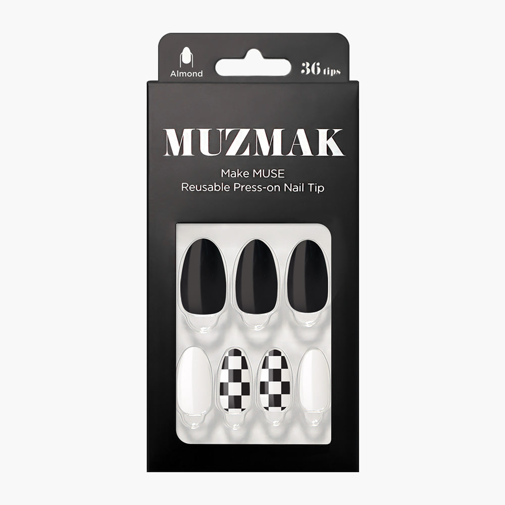 MUZMAK MUZMAK Nail Tips 36pcs #Chess Black(Almond) - anti-aging - front bottle shot