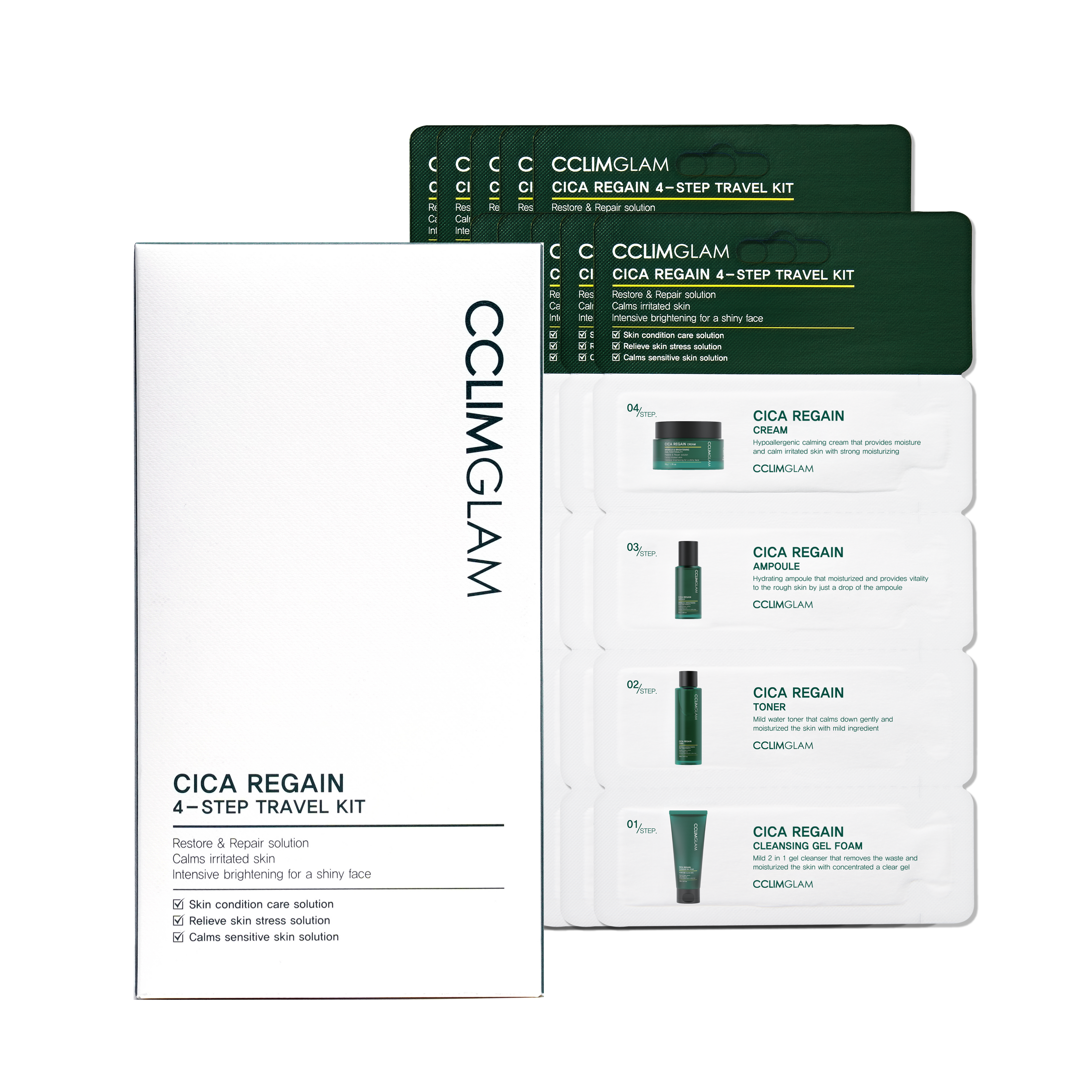 CCLIMGLAM CCLIMGLAM Cica Regain 4-Step Travel Kit 1Box (10ea) - hydrating - front bottle shot