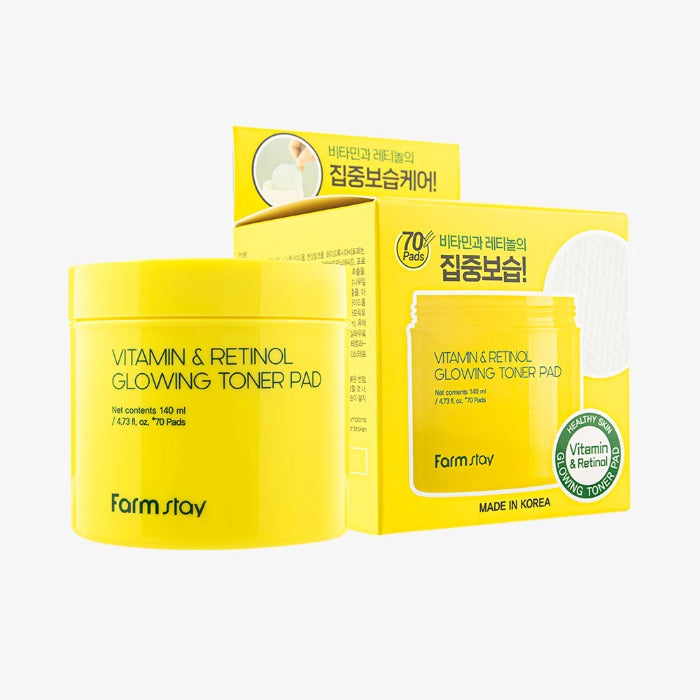 Farmstay Farmstay Vitamin & Retinol Glowing Toner Pad 140ml (70ea) - hydrating - front bottle shot
