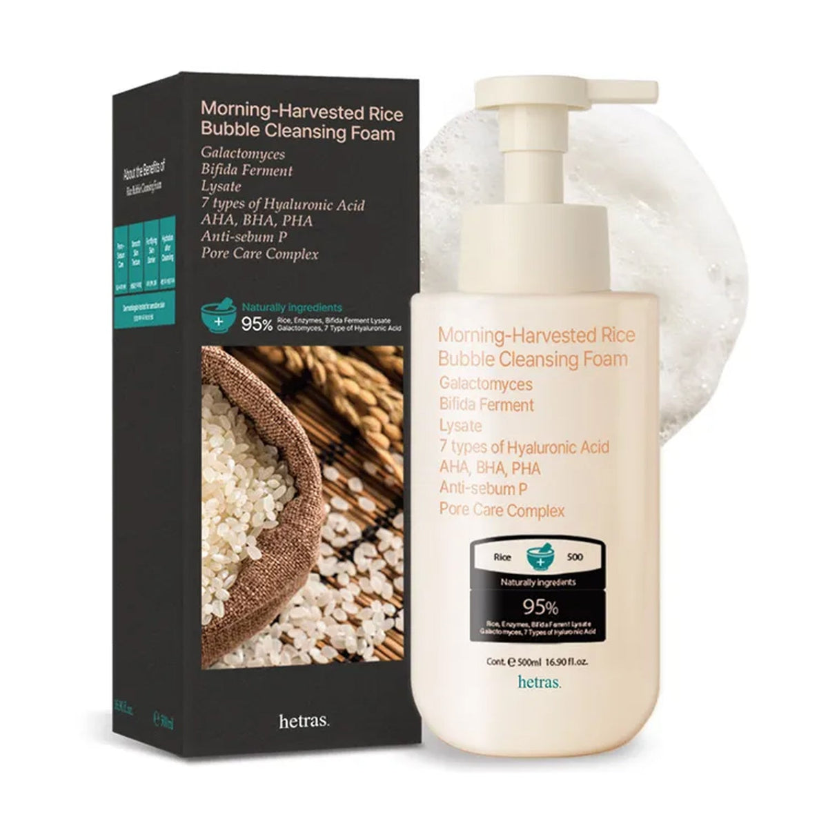 HETRAS HETRAS Morning-Harvested Rice Bubble Cleansing Foam 500ml - brightening - front bottle shot