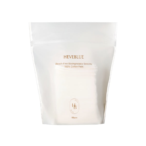 HEVEBLUE HEVEBLUE Bleach-free Biodegradable Stretchy 100% Cotton Pads 31g 60ea - hydrating - front bottle shot