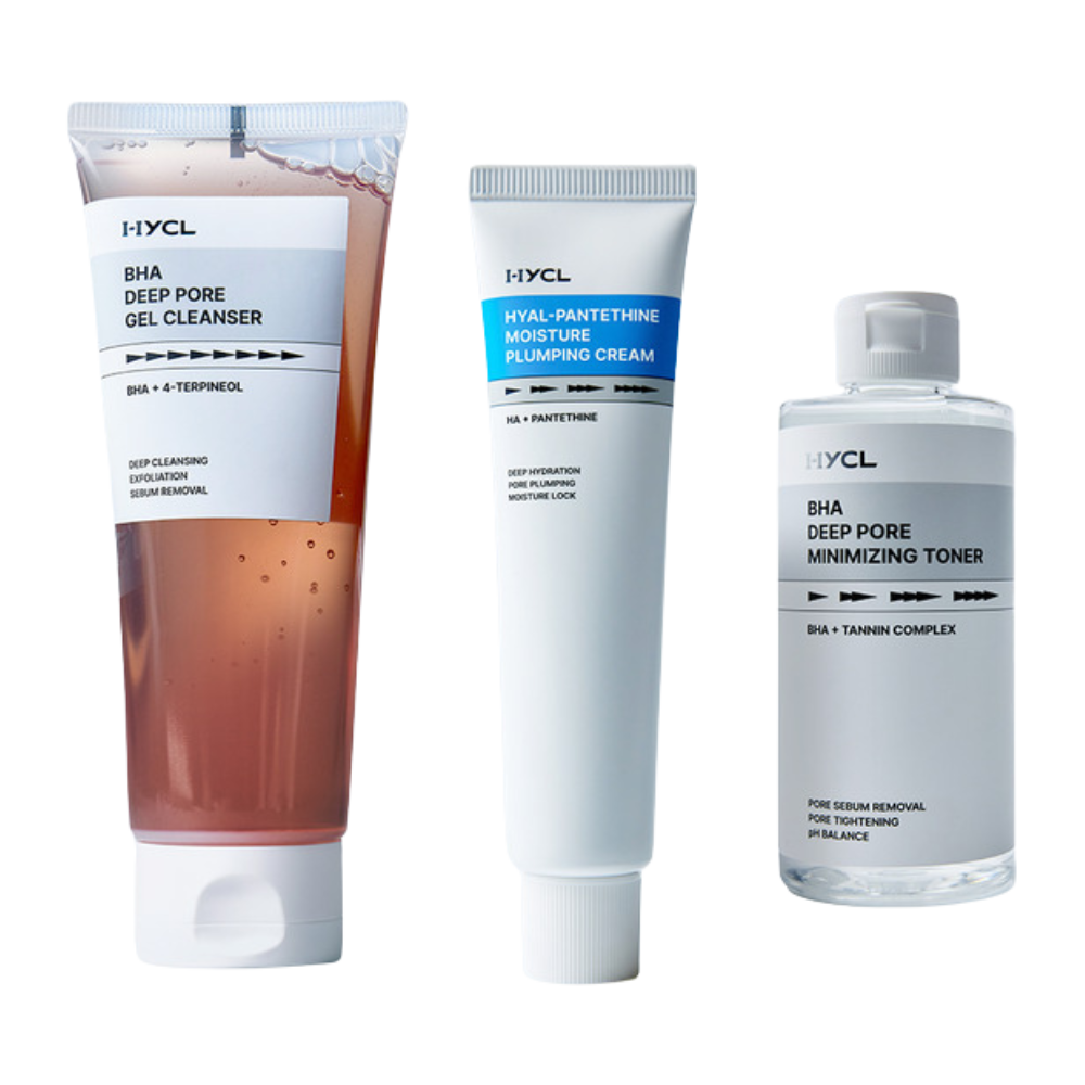 HYCL HYCL 3-Piece Set BHA Gel Cleanser 150ml + BHA Toner 200ml + Plumping Cream 70ml - hydrating - front bottle shot
