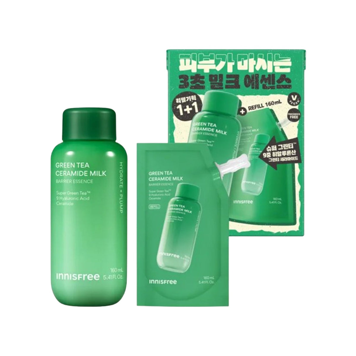 Innisfree Innisfree Green Tea Ceramide Milk Essence Duo Set (160ml + 160ml Refill) - hydrating - front bottle shot