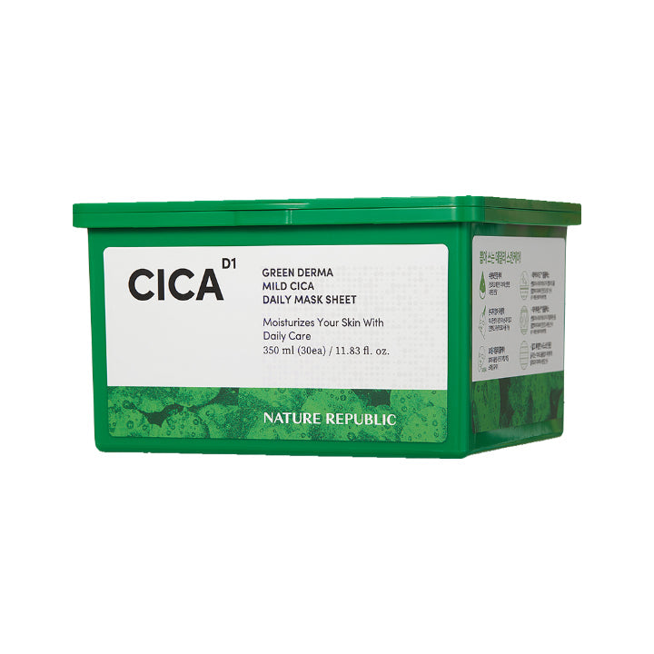 NATURE REPUBLIC NATURE REPUBLIC Green Derma Mild Cica Daily Sheet Mask 350ml (30 Sheets) - hydrating - front bottle shot