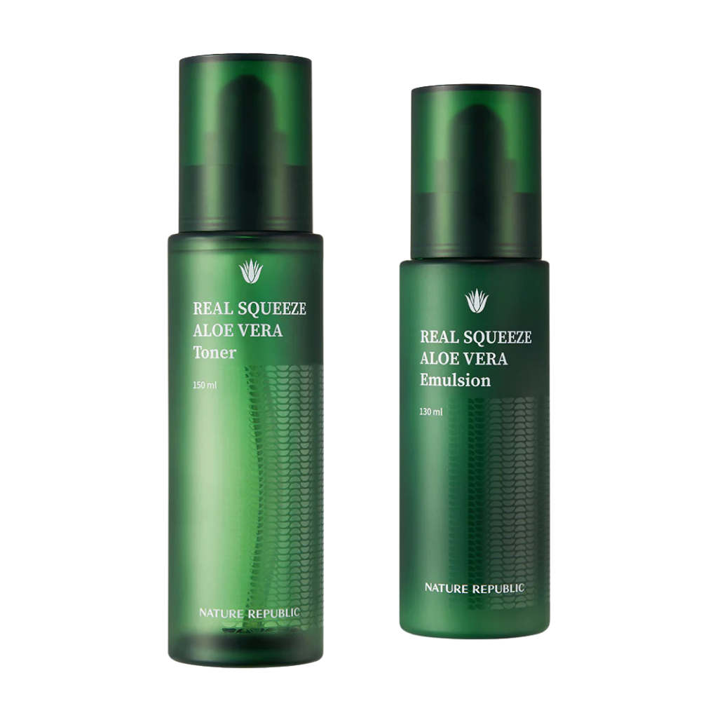 NATURE REPUBLIC NATURE REPUBLIC Real Squeeze Aloe Vera Toner + Emulsion (150ml + 130ml) - hydrating - front bottle shot