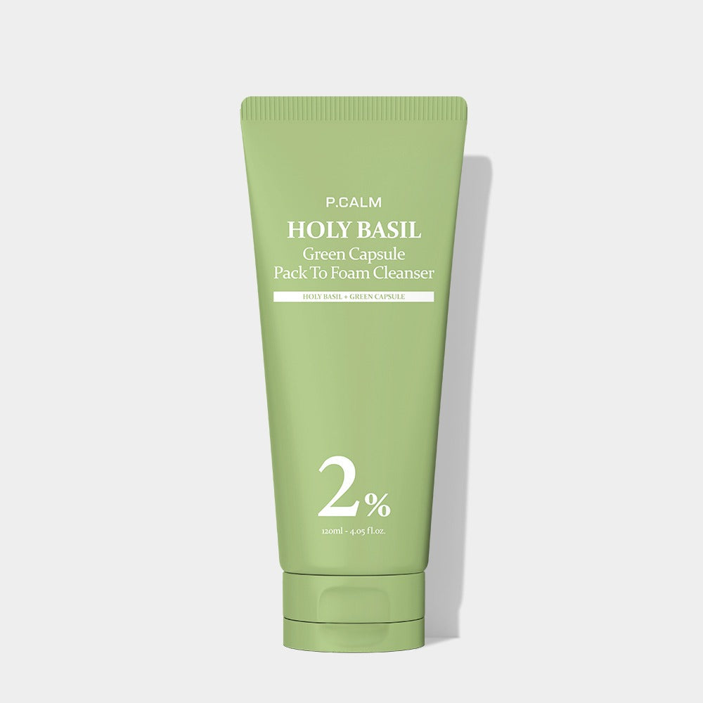 P.CALM P.CALM Holy Basil Green Capsule Pack To Foam Cleanser 120ml - soothing - front bottle shot