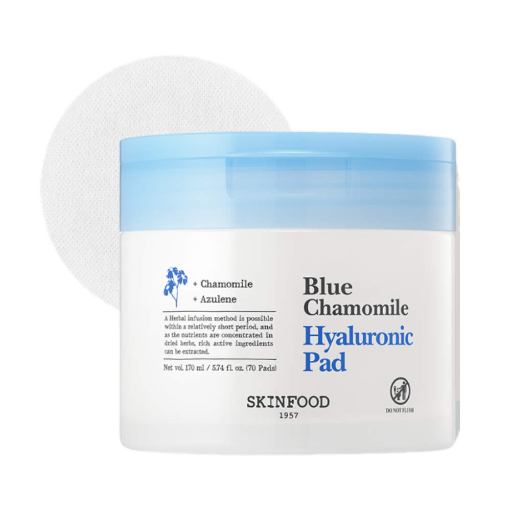 SKINFOOD SKINFOOD Blue Chamomile Hyaluronic Pads 170ml (70 Sheets) - hydrating - front bottle shot
