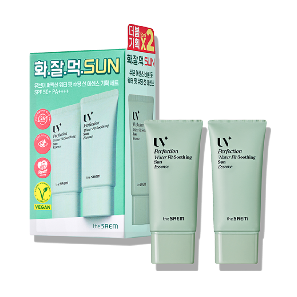 The SAEM THE SAEM UV Perfection Water Fit Soothing Sun Essence SPF50+ PA++++ 50ml*2ea - hydrating - front bottle shot