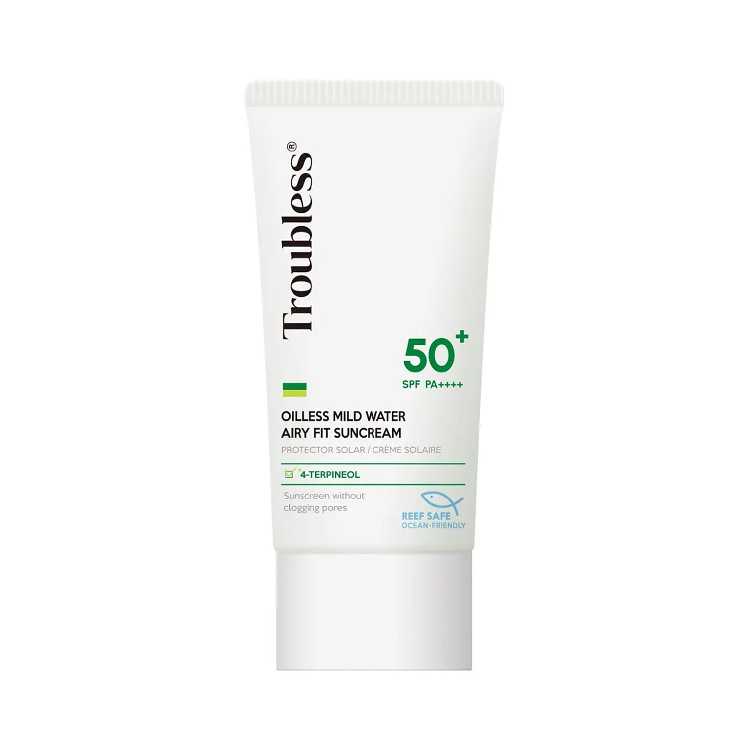 Troubless Troubless Oilless Mild Water Airy Fit Sunscreen SPF 50+ PA++++ 77ml - acne care - front bottle shot
