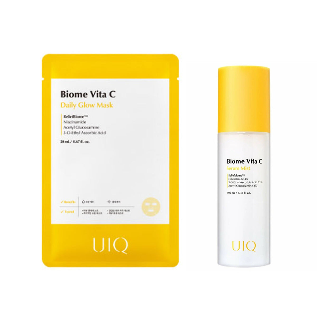 UIQ UIQ Biome Vita C Daily Glow Mask 5 Sheets + Vita C Serum Mist 100ml - hydrating - front bottle shot