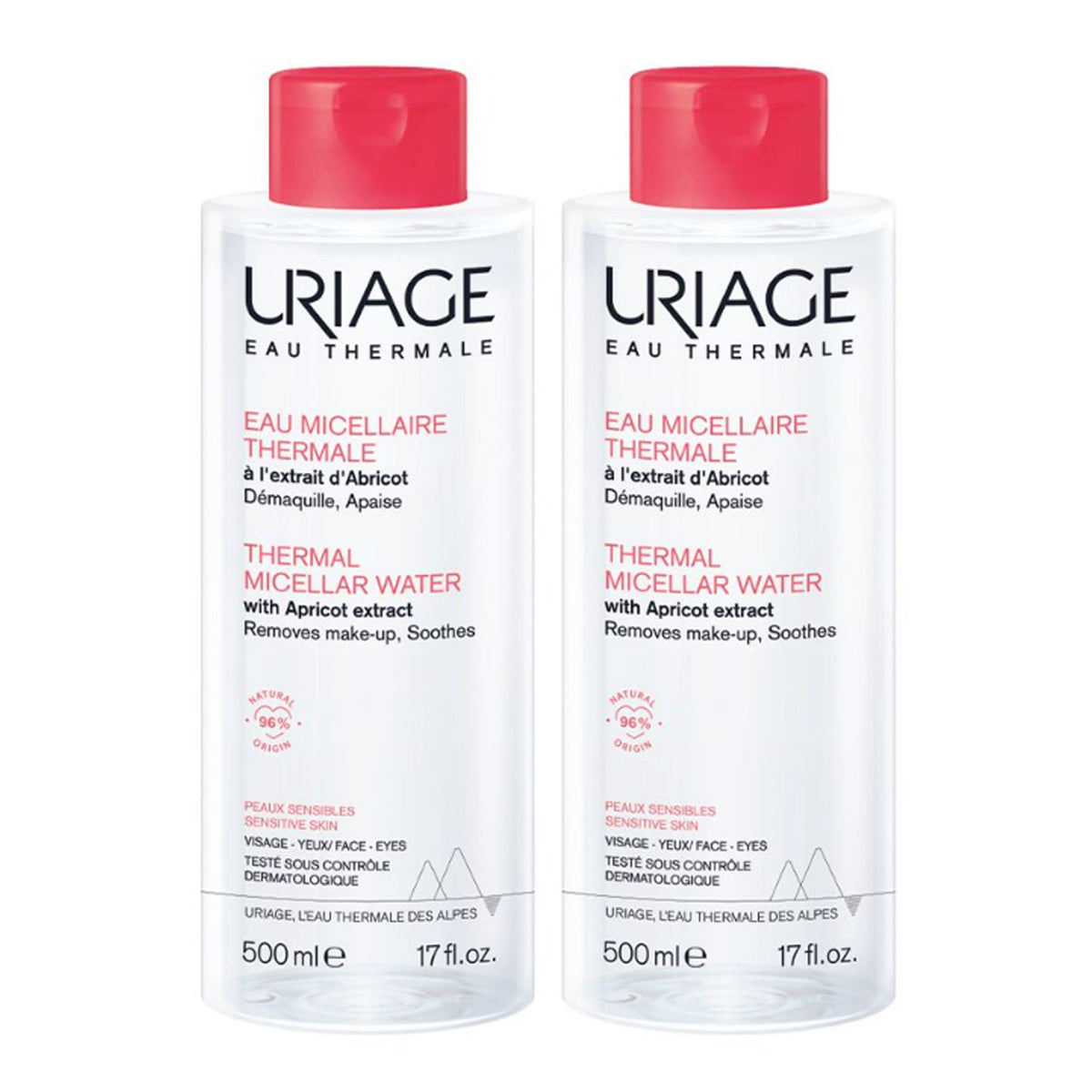 URIAGE URIAGE Thermal Micellar Sensitive Cleansing Water 500ml x 2 - hydrating - front bottle shot