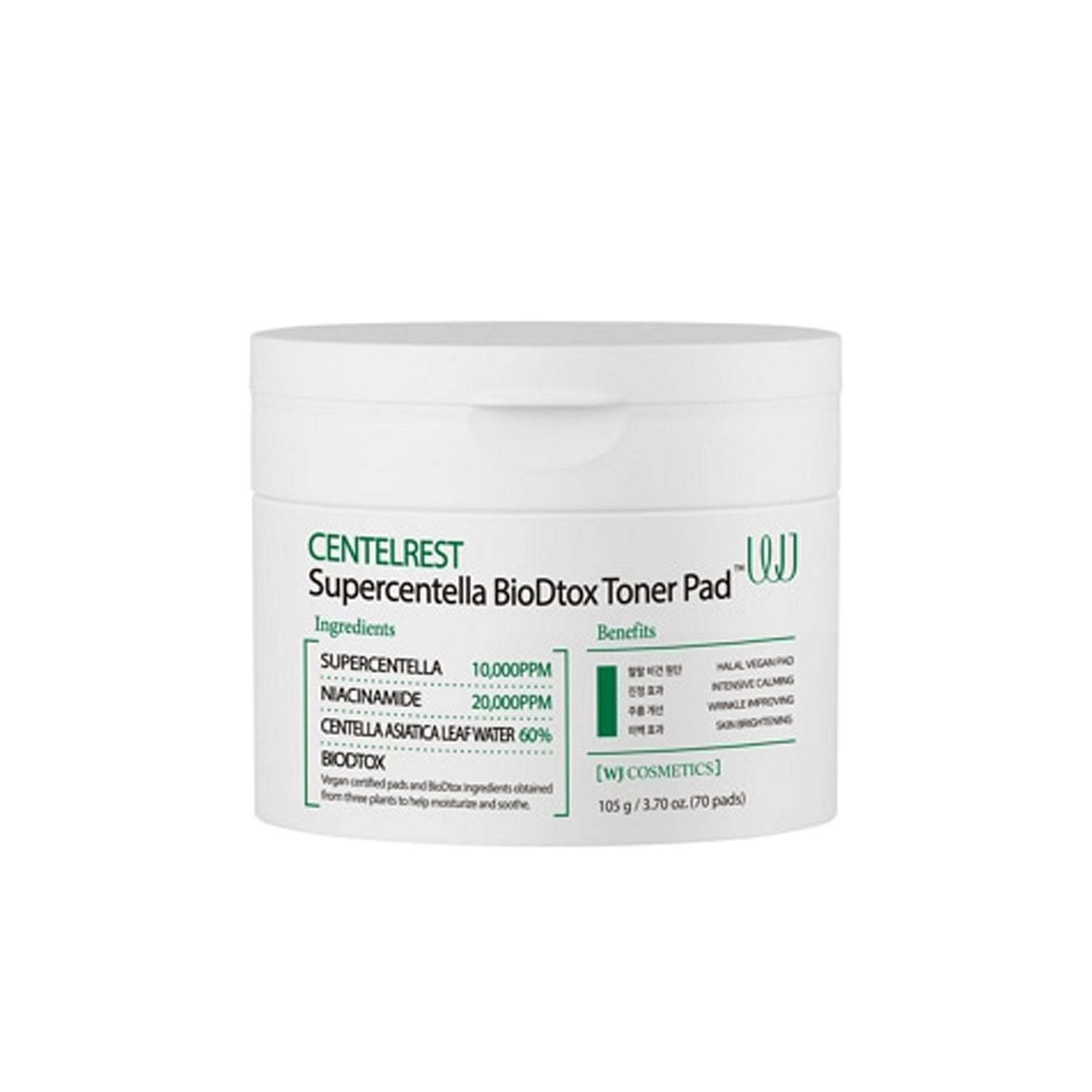 WJ WJ Centelrest Supercentella BioDtox Toner Pad 105g (70pads) - soothing - front bottle shot