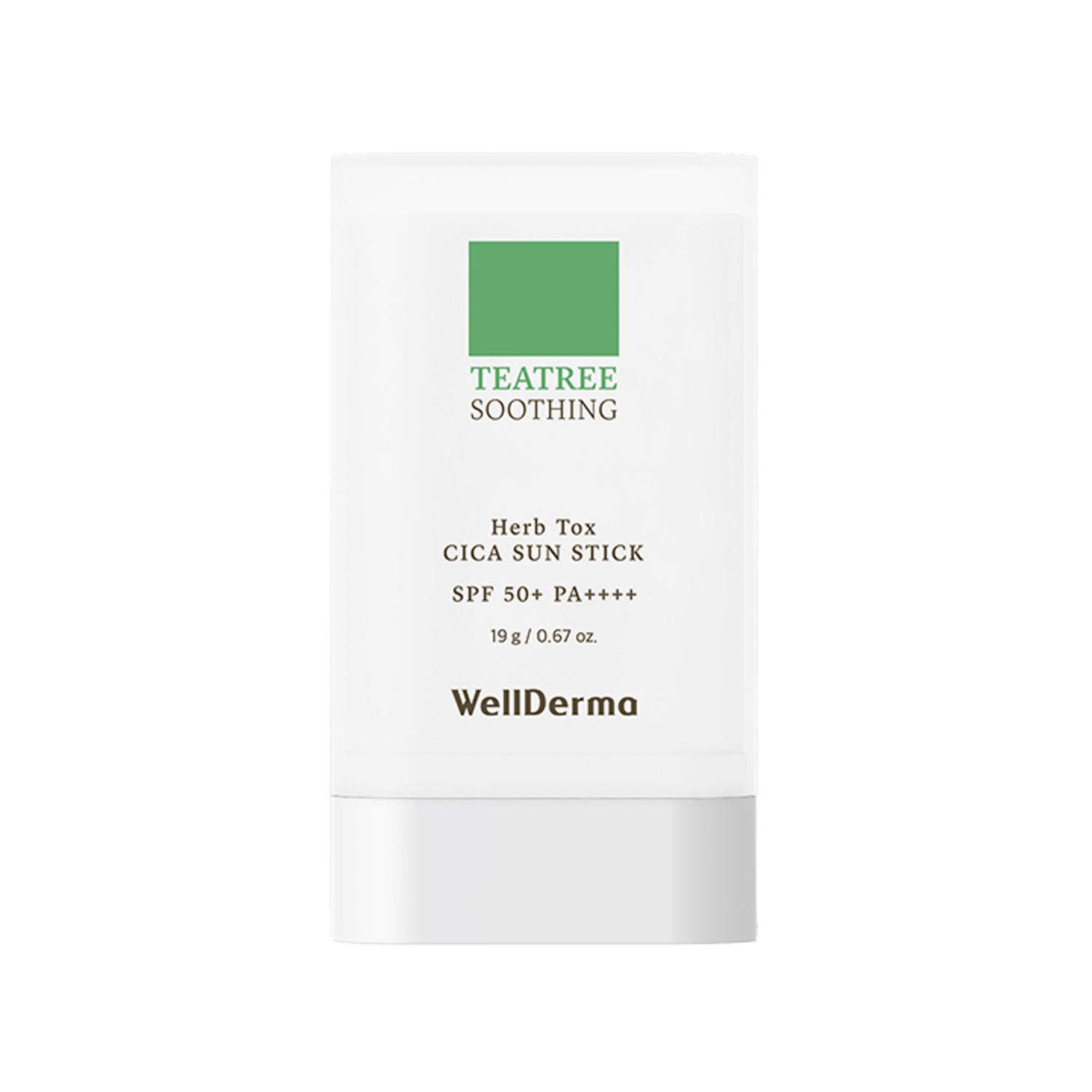 WellDerma WellDerma TeaTree Soothing Herb Tox Cica Sun Stick SPF50+ PA++++ 19g - soothing - front bottle shot
