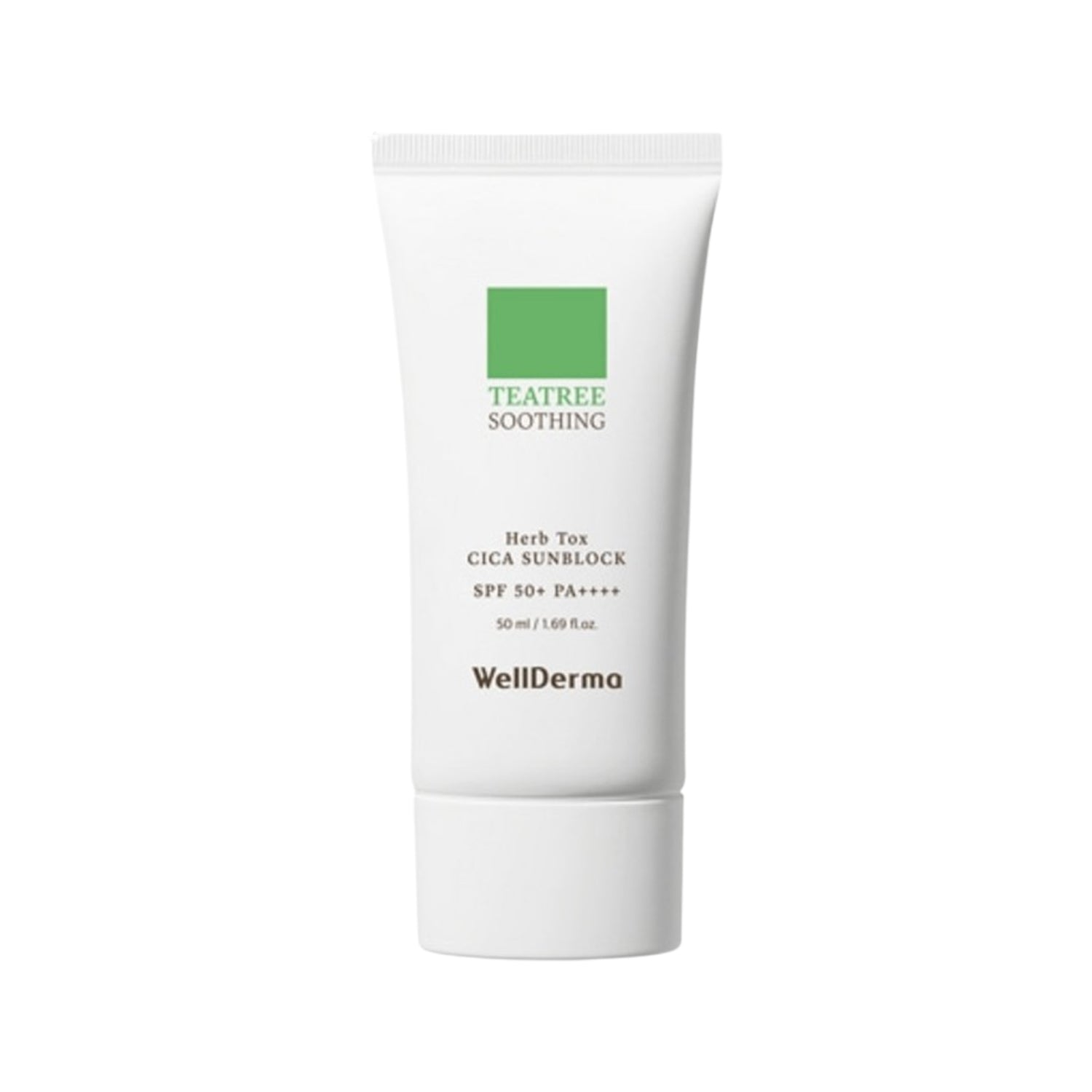 WellDerma WellDerma Teatree Herb Tox Cica Sunblock 50ml - hydrating - front bottle shot