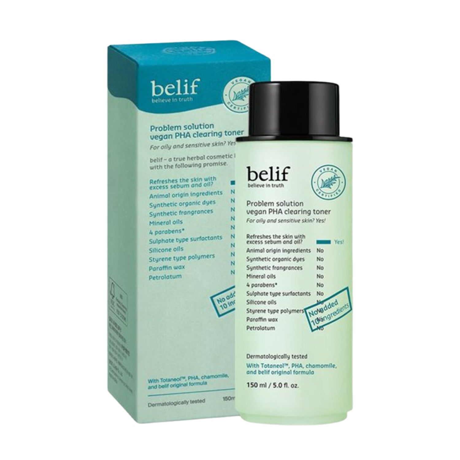 belif belif Problem Solution – Vegan PHA Clearing Toner 150ml - hydrating - front bottle shot