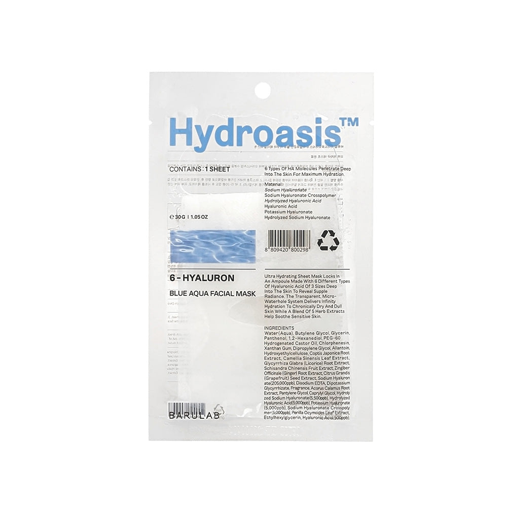 BARULAB BARULAB Hydroasis 6-Hyaluronic Blue Aqua Facial Mask 30g *10ea - hydrating - front bottle shot