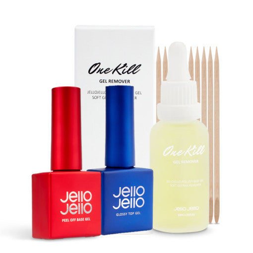 JELLO JELLO JELLO JELLO 3-Piece Set (Peel Off Base Gel 10ml + Top Gel 10ml + One Kill Remover 30ml) - nourishing - front