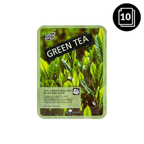 MAY ISLAND MAY ISLAND Green Tea Real Essence Mask Pack 10ea - hydrating - front bottle shot