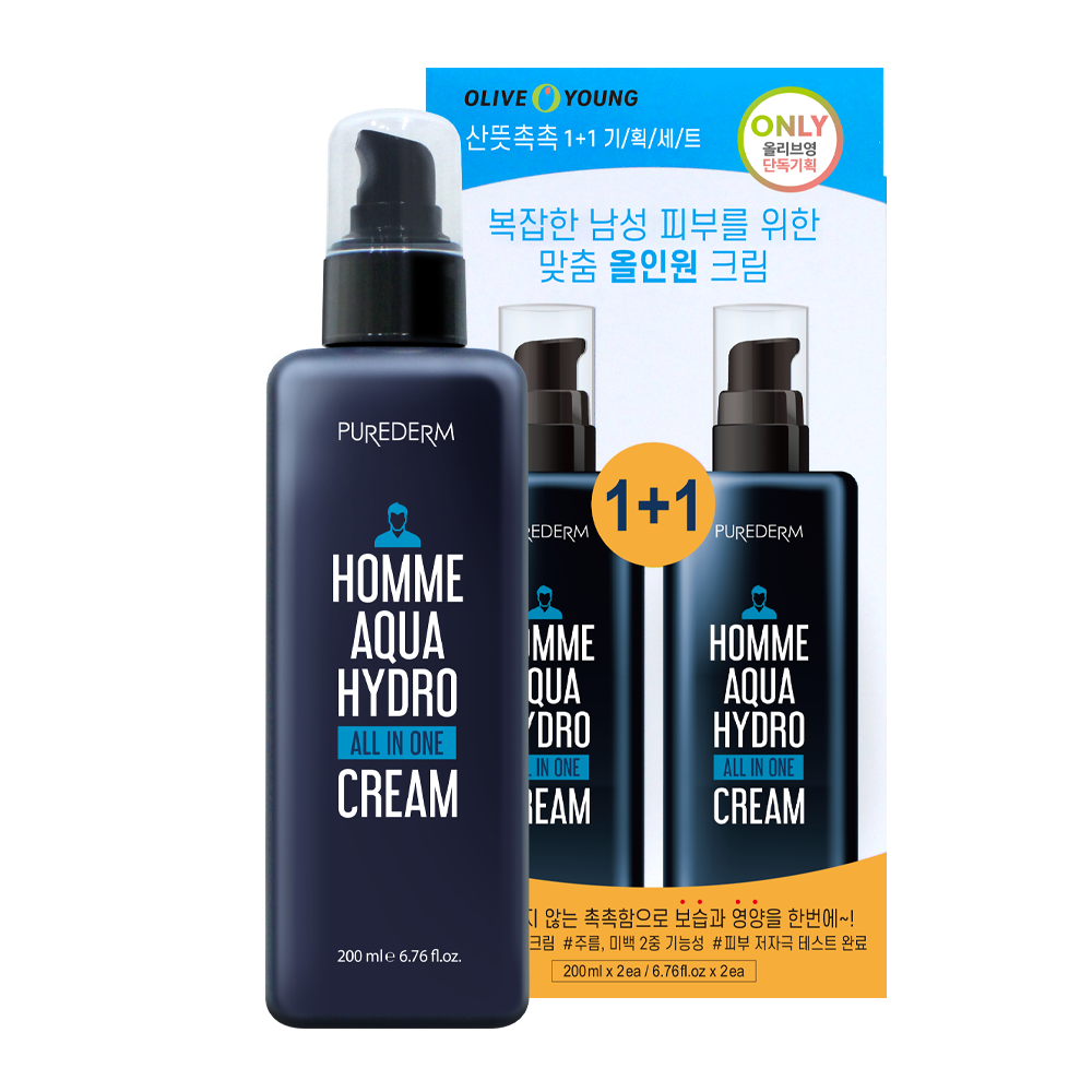 PRRETI PRRETI [Purederm] Homme Aqua Hydro All-in-One Cream 200ml (2 Pieces) - hydrating - front bottle shot