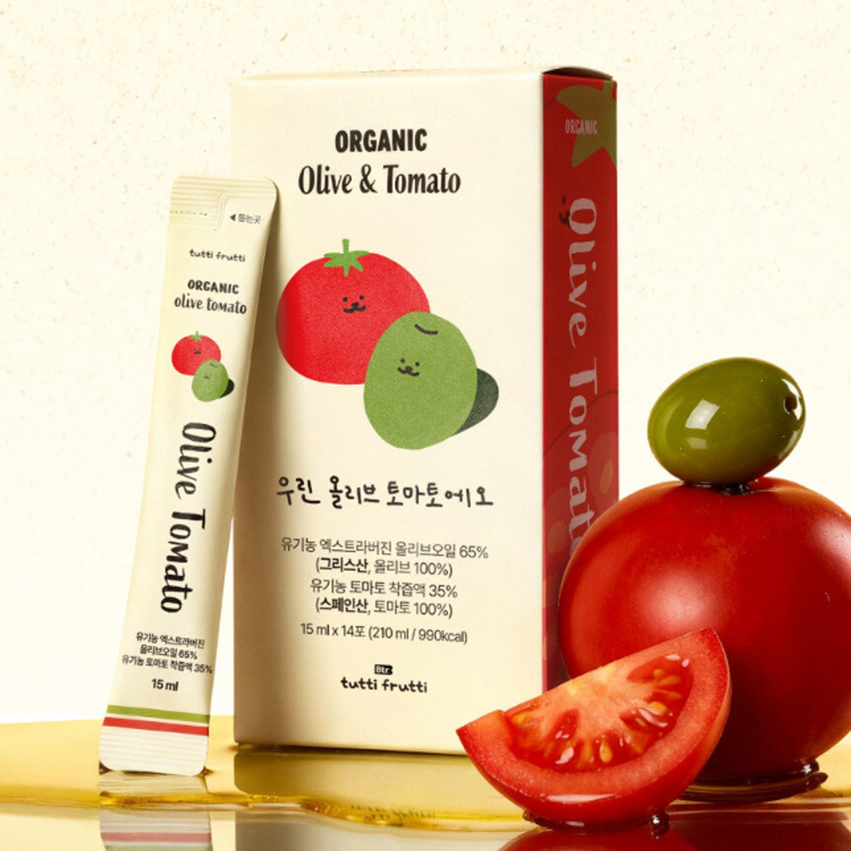 tutti frutti tutti frutti Organic Extra Virgin Olive & Tomato Shot 1 Box (15ml x 14 Sticks) - daily care - front bottle shot